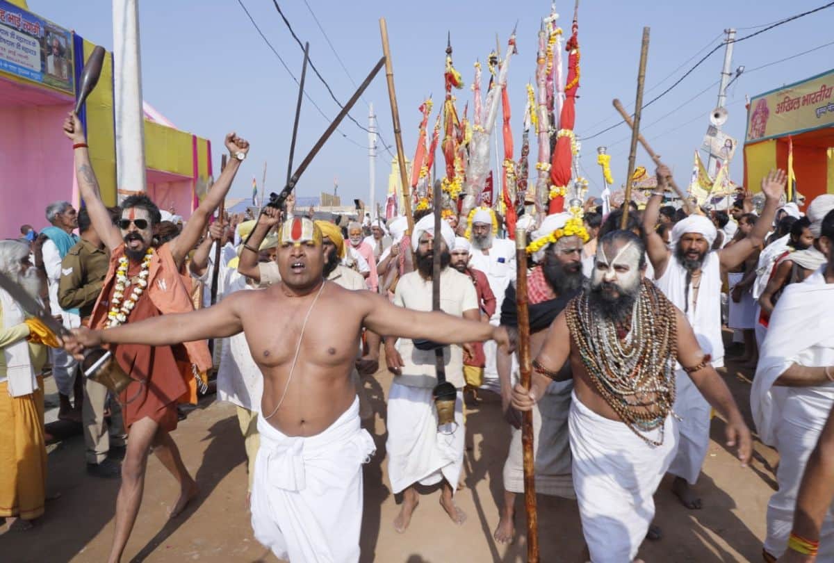 saints and devotees take holy bath in yamuna on last shahi snan in mathura