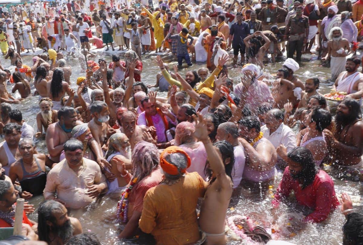 saints and devotees take holy bath in yamuna on last shahi snan in mathura