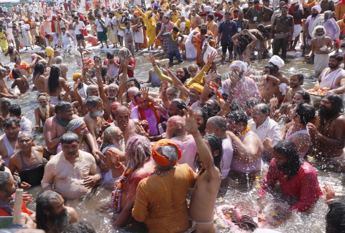 saints and devotees take holy bath in yamuna on last shahi snan in mathura
