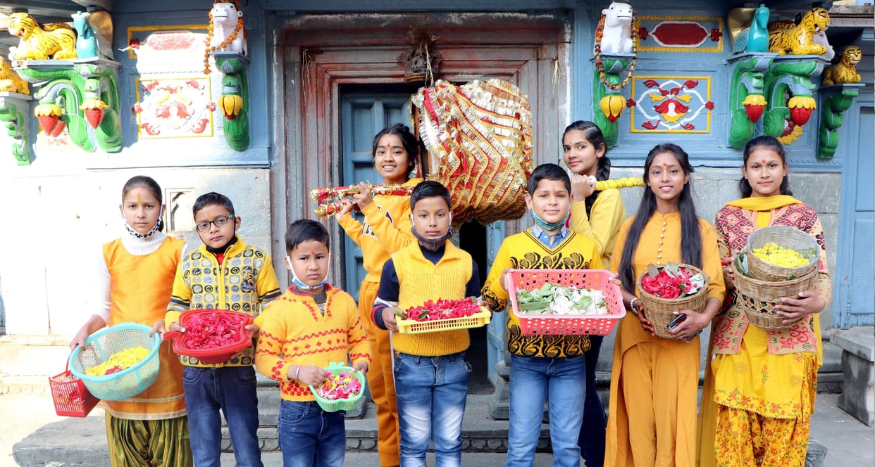 Phuldei festival, children welcomed the spring by putting colorful flowers on Dehri