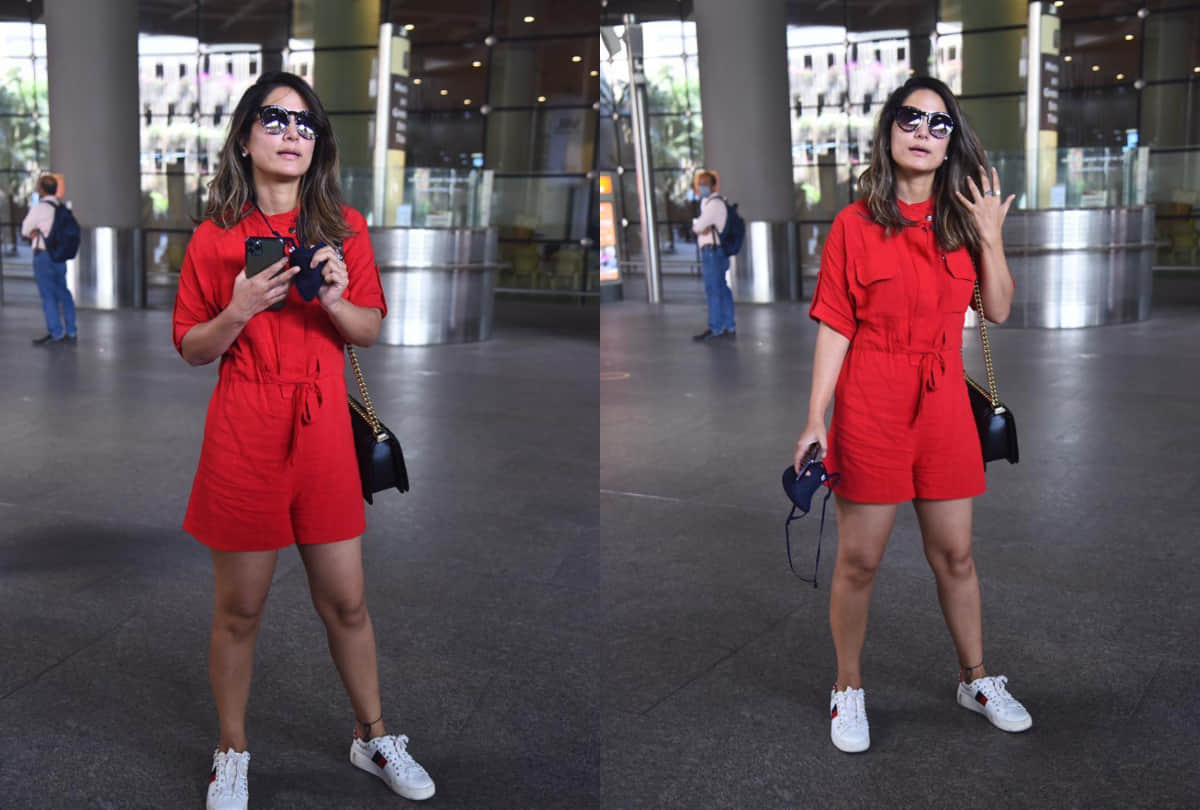 hina khan airport style in red romper dress loved by fans