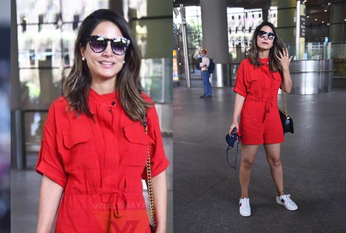 hina khan airport style in red romper dress loved by fans