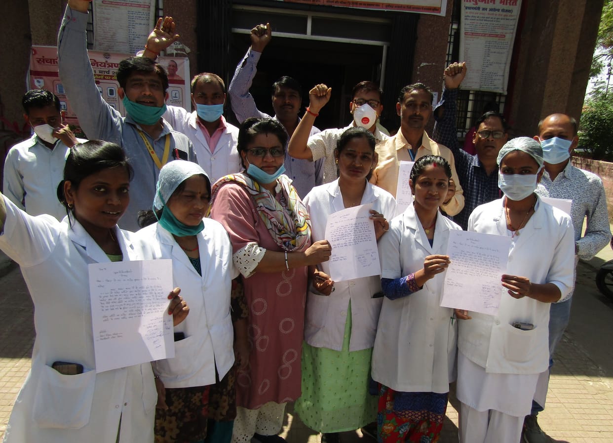 Contract workers protested for the payment of arrears