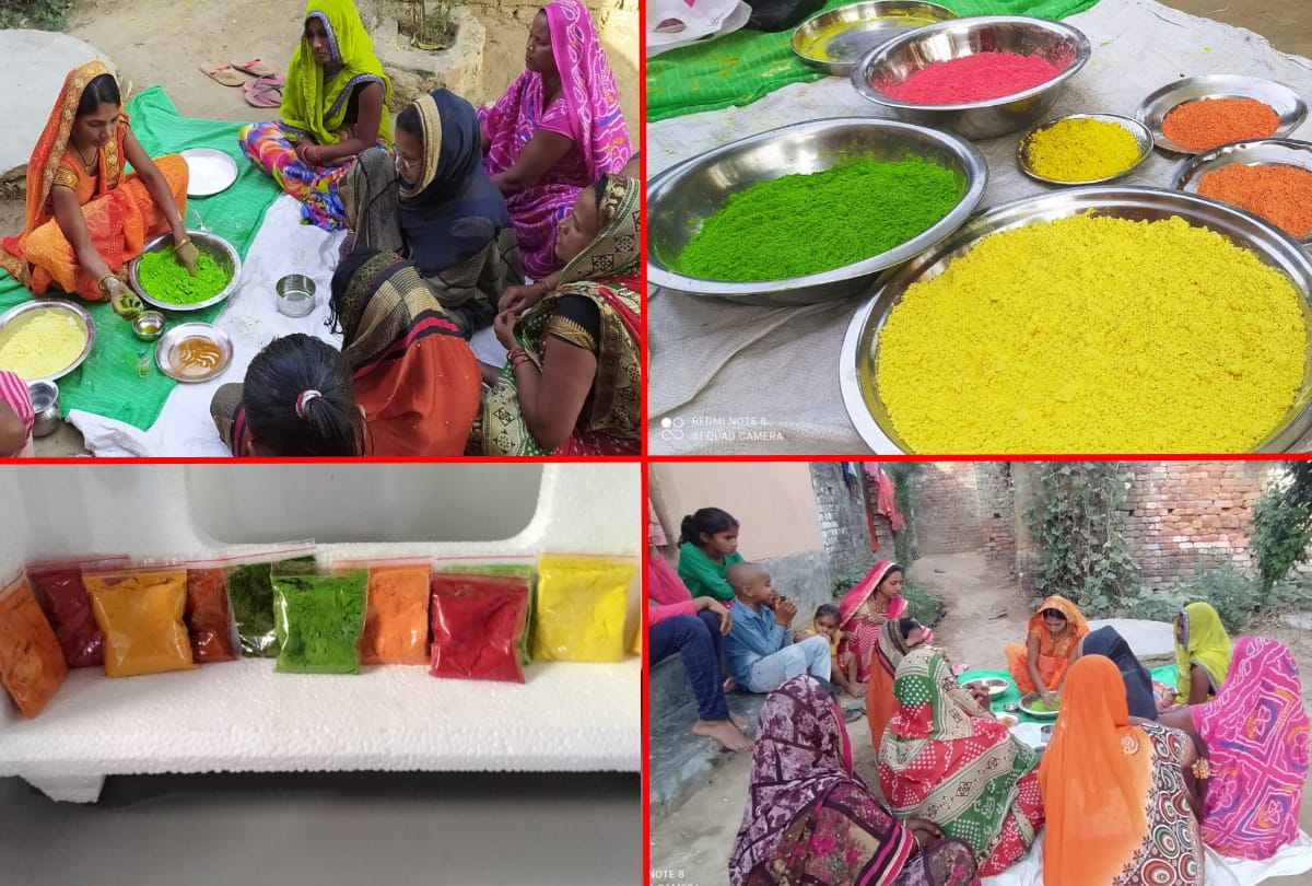 women of group making herbal gulal in sant kabir nagar