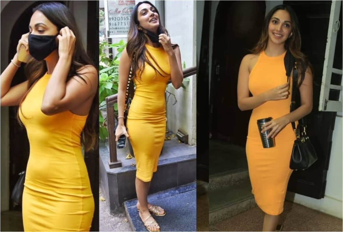 kiara advani flaunts absolute figure in yellow midi tight fitting dress
