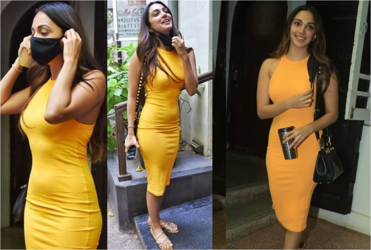 kiara advani flaunts absolute figure in yellow midi tight fitting dress