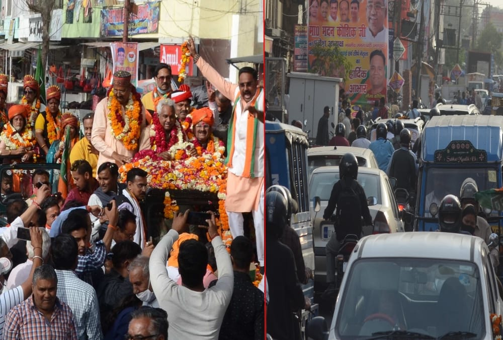 Haridwar News: Huge Crowd in Bjp State President madan kaushik Roadshow and Traffic Jam photos