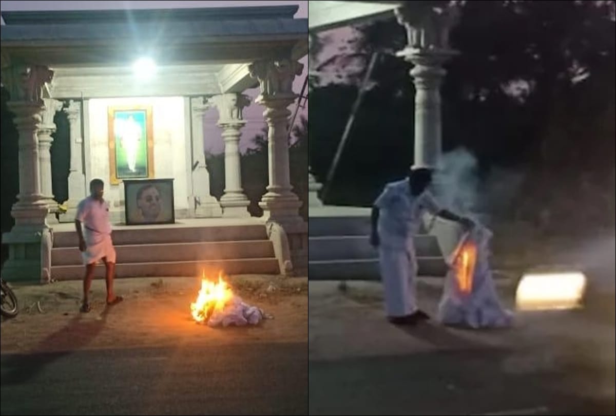 AIADMK leader Kanagaraj  burns his collection of dhotis in protest after party gives ticket to ex Congressman from Alangudi