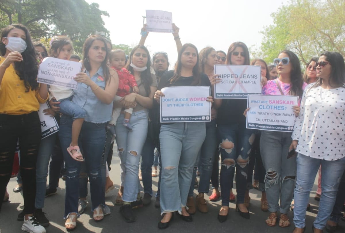 Delhi mahila congress protest against uttarakhand cm tirath singh rawat statement over ripped jeans