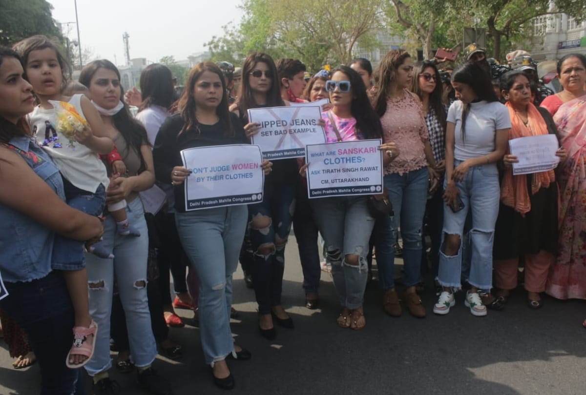 Delhi mahila congress protest against uttarakhand cm tirath singh rawat statement over ripped jeans