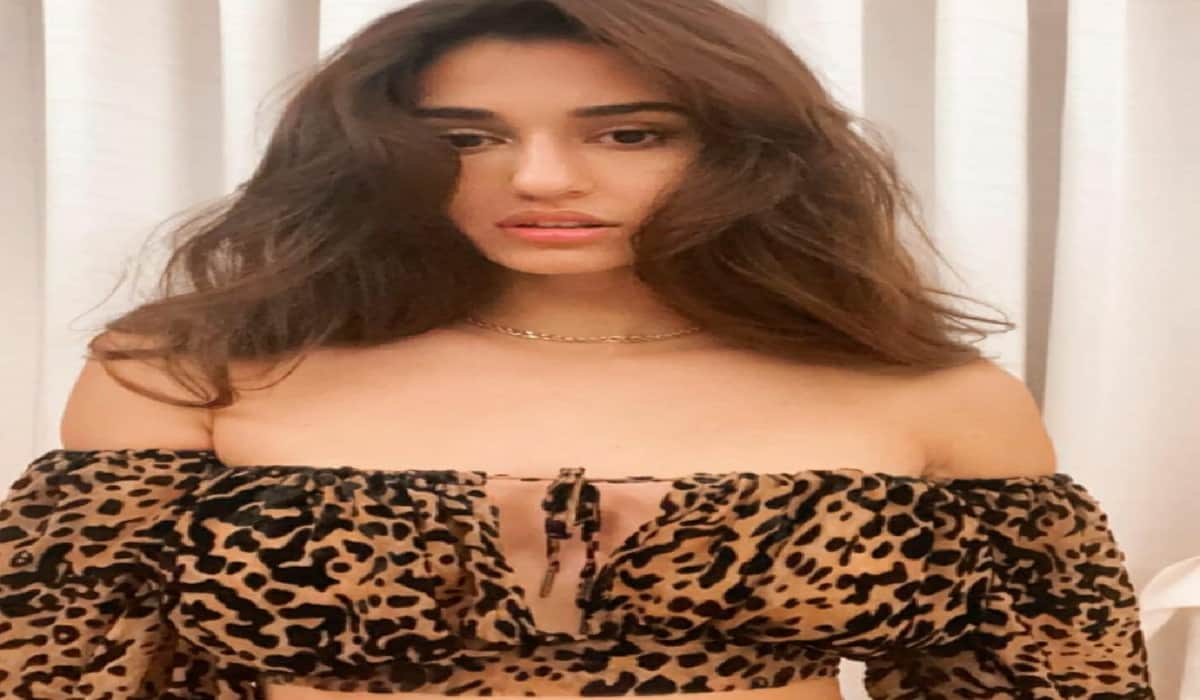 disha patani in crop animal print off shoulder top