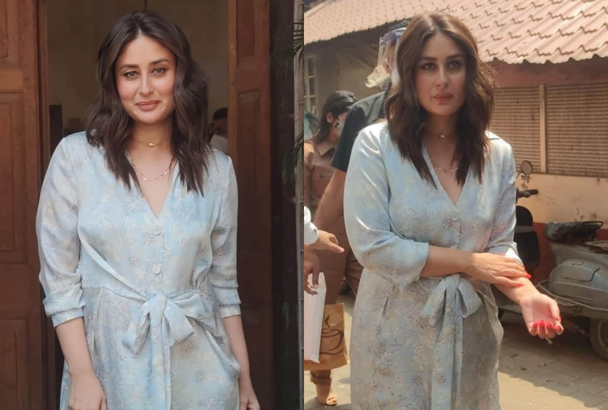 kareena kapoor after second child birth look stylish in pastel floral thigh high slit shirt dress