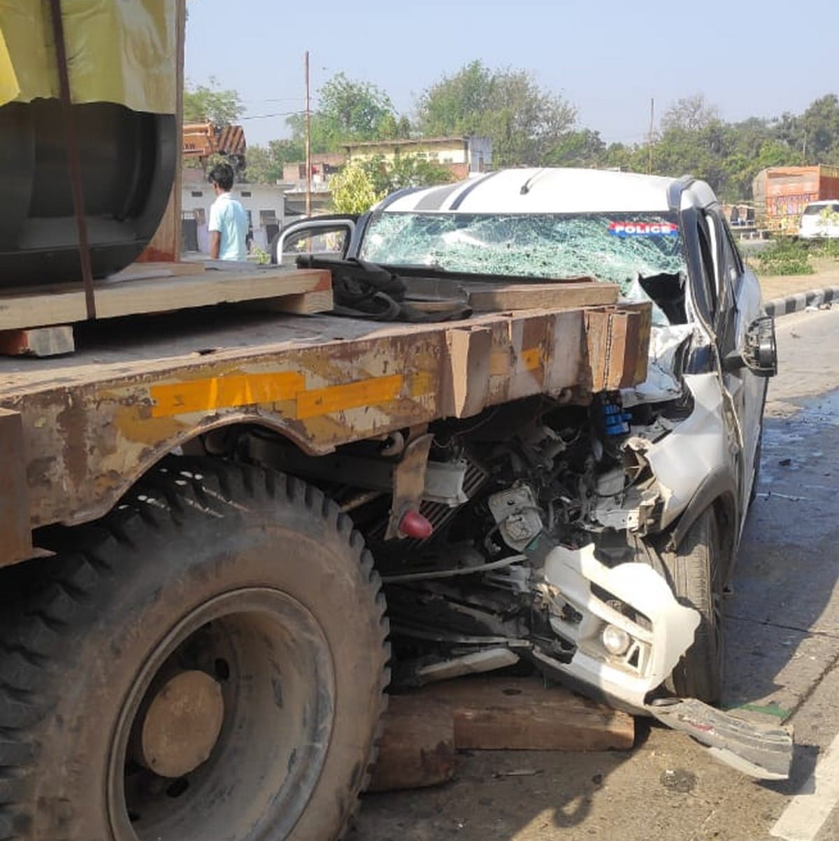 one injured in road accident car hit trailer in varanasi