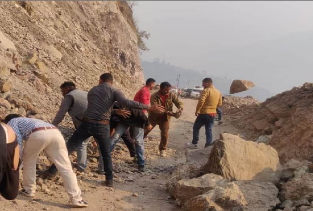 Pithoragarh Ghat National Highway: Mountain Collapse Continue, People Clean Road after Debris Fall Photos