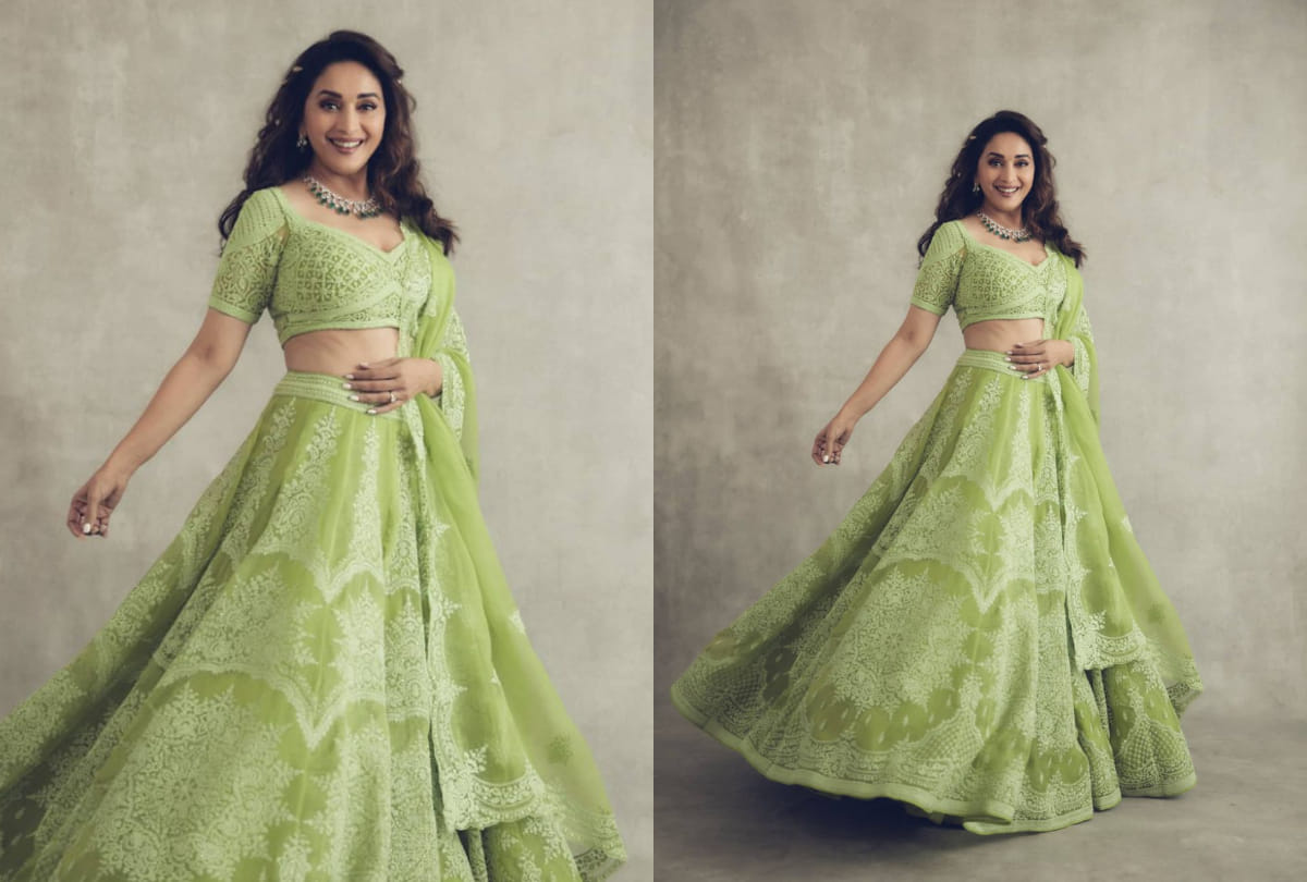 madhuri dixit pink metallic thread lehenga from amit agarwal looking like fairytale story
