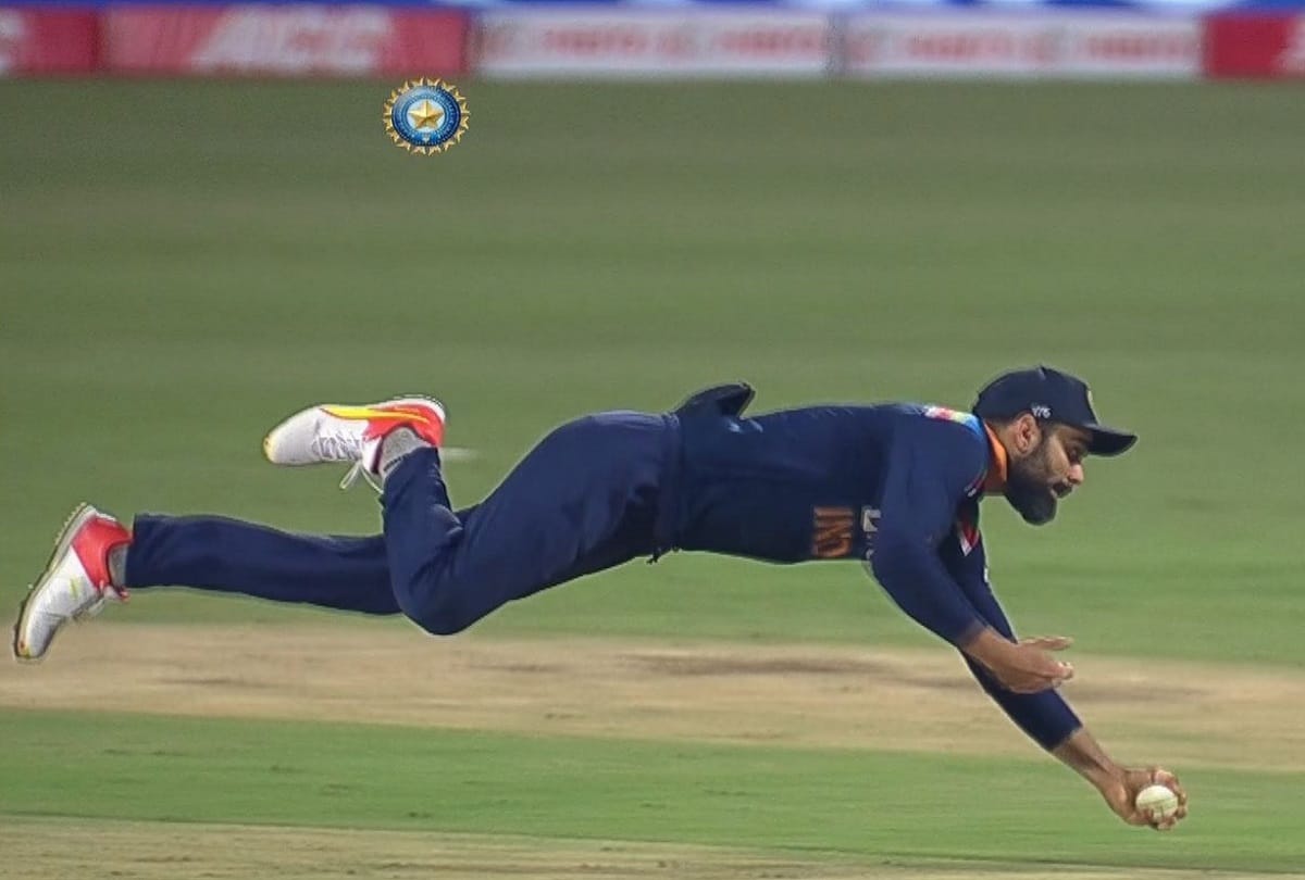 Indian Cricket Team captain Virat Kohli take a stunning catch of Adil Rashid during  3rd ODI against england at Pune