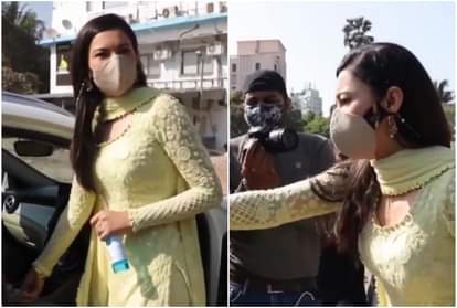 Gauhar Khan gave sanitizer to Media at her office in Aaram Nagar
