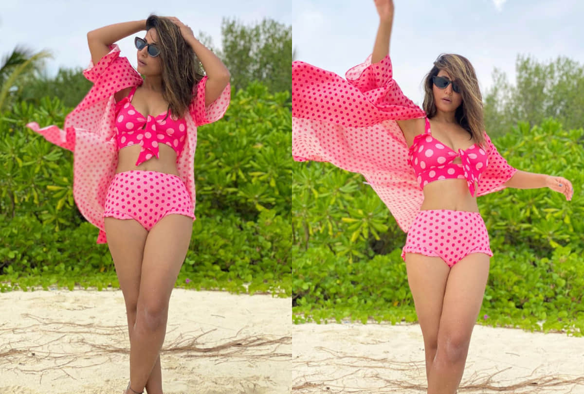 hina khan hot look shows her toned body in pink polka dot bikini