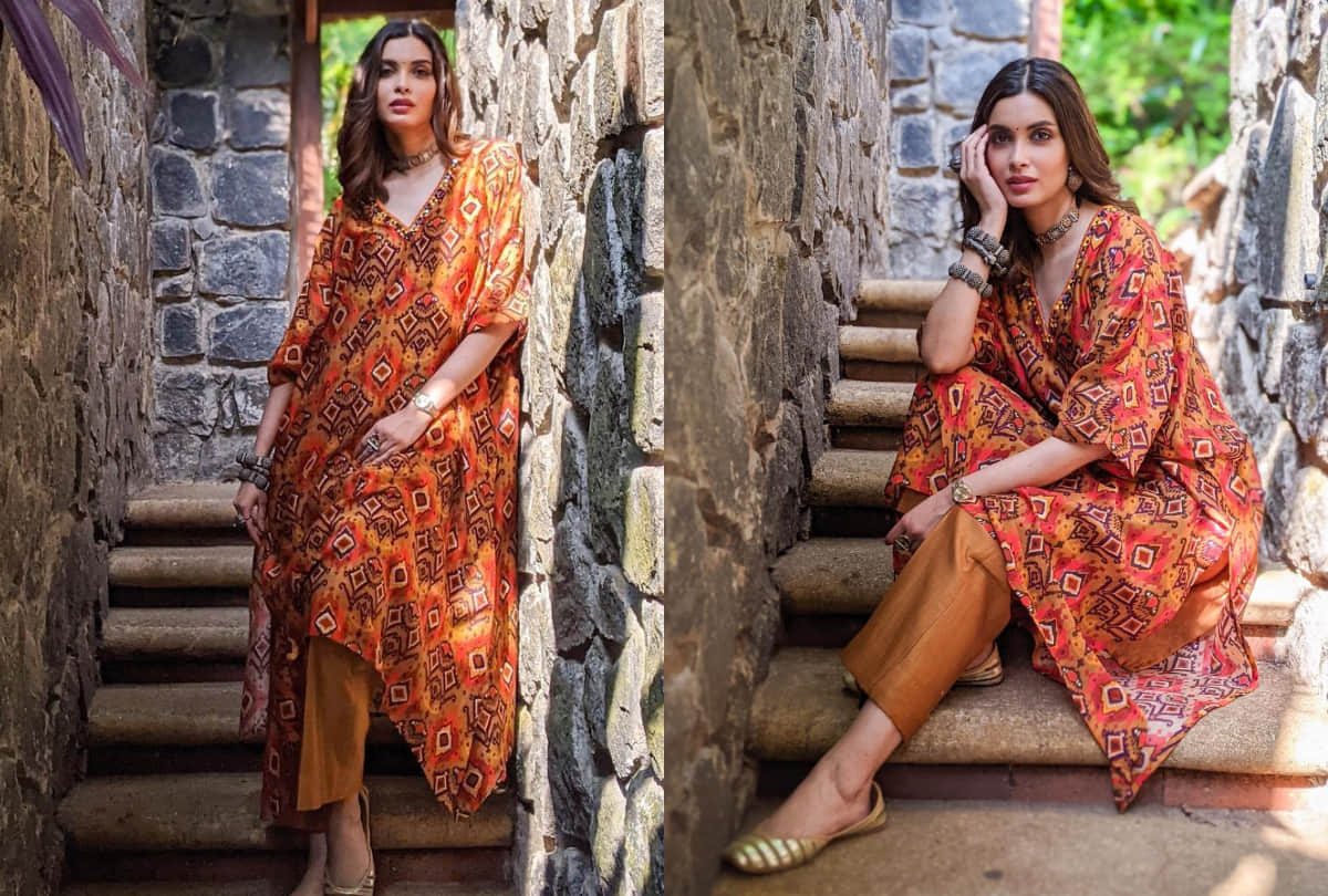 prachi desai wear ivory shade skirt with top diana penty mustard kaftan which look impressive