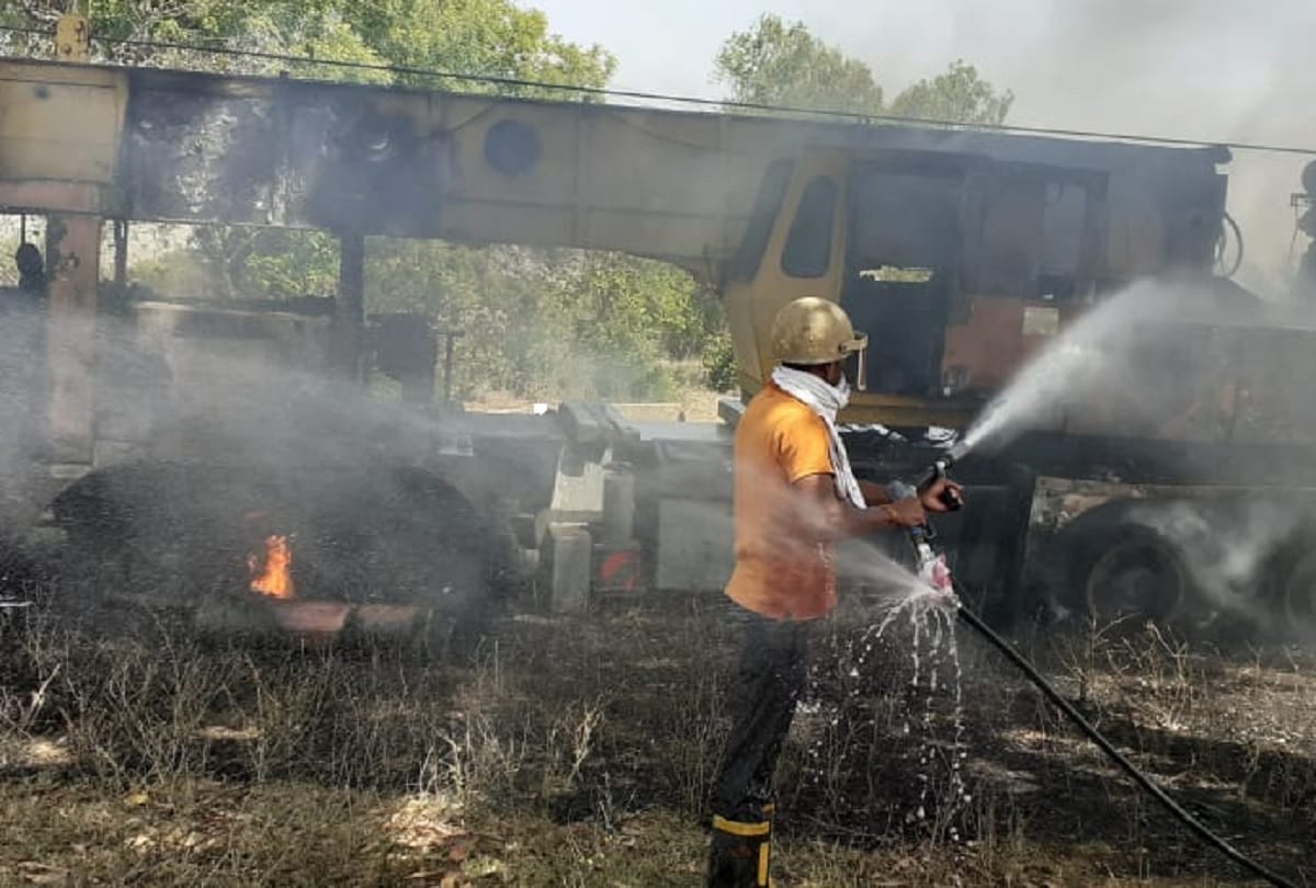 crane catches fire during shooting set in Prayagraj crew