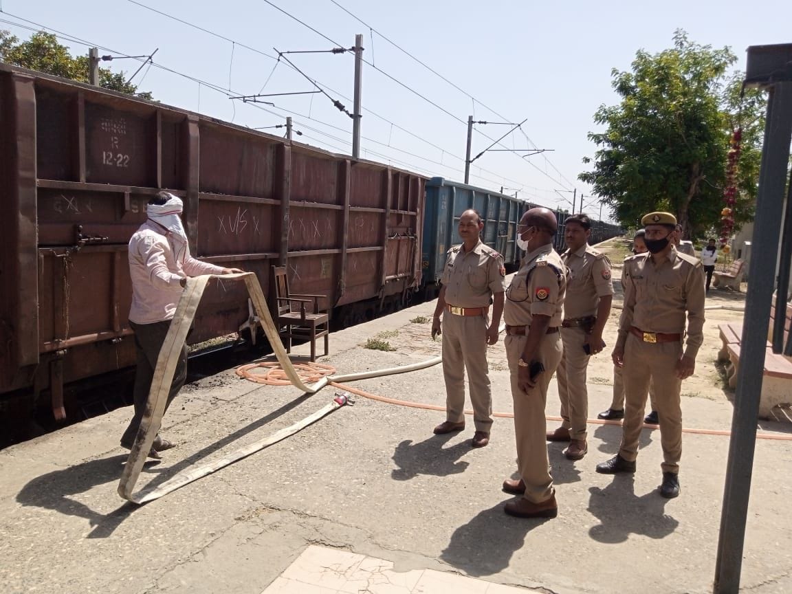 A fire broke out in a freight train running on the track