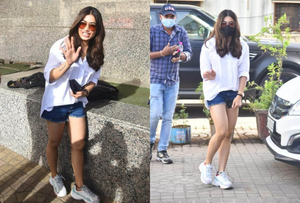 south actress rashmika mandanna summer cool look in blue denim shorts with oversized shirt