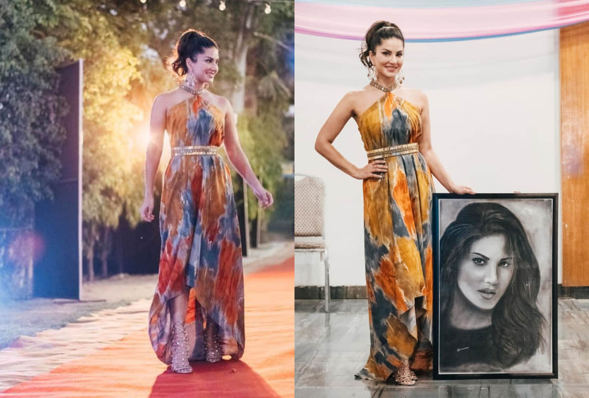 sunny leone sets party mood in printed colorful halter neck maxi dress for weekend