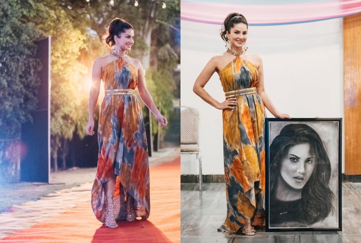 sunny leone sets party mood in printed colorful halter neck maxi dress for weekend