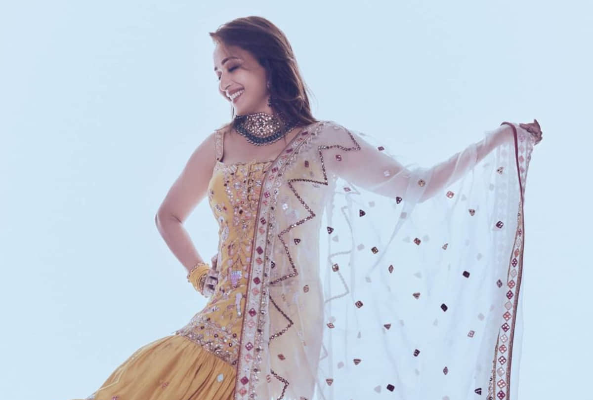 madhuri dixit in yellow sharara set for dance reality show looking gorgeous