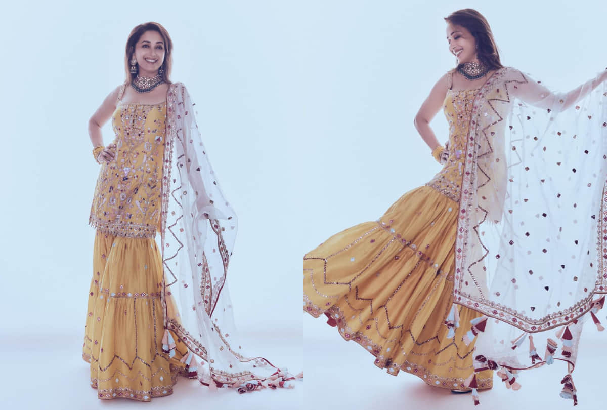 madhuri dixit in yellow sharara set for dance reality show looking gorgeous