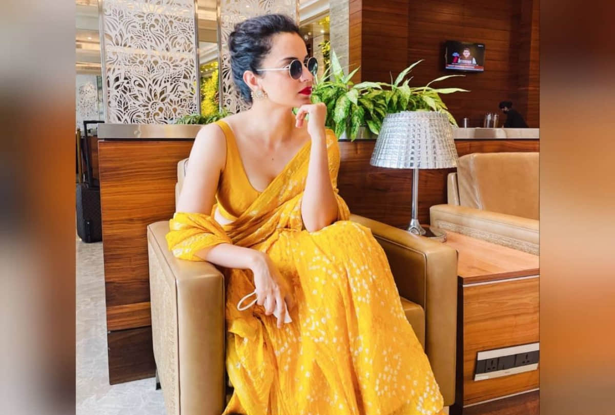 kangana ranaut looks gorgeous in yellow bandhani print saree with backless blouse at mumbai airport