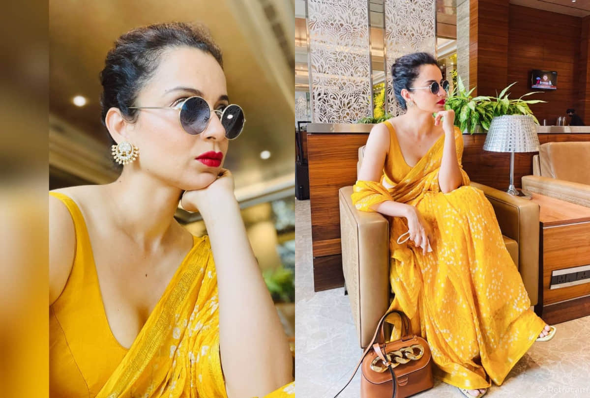 kangana ranaut looks gorgeous in yellow bandhani print saree with backless blouse at mumbai airport