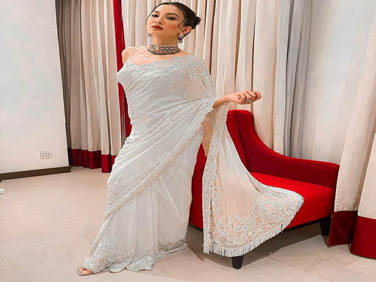 gauhar khans stunning look in white saree in hindi