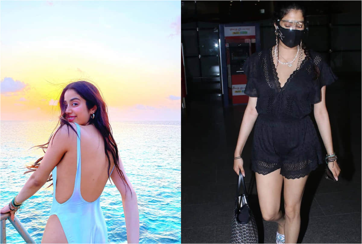 after bikini in maldives vacation janhvi kapoor flaunts toned legs in black romper at airport