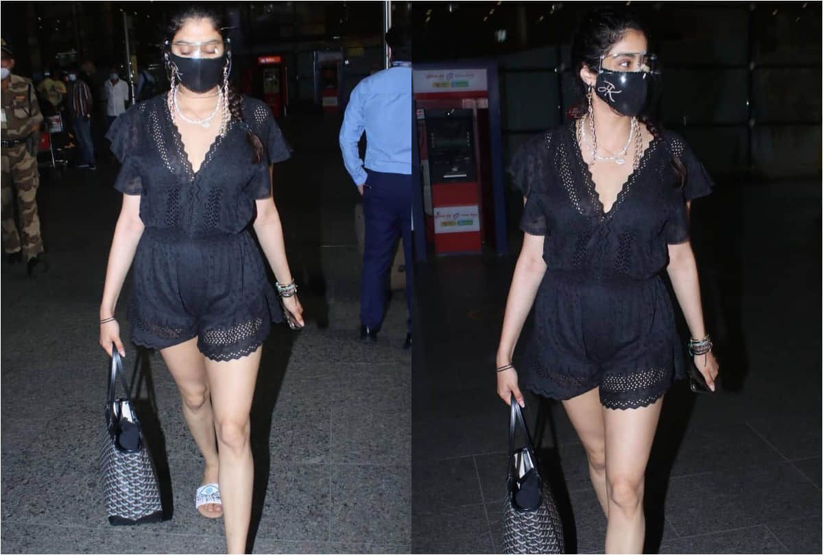 after bikini in maldives vacation janhvi kapoor flaunts toned legs in black romper at airport