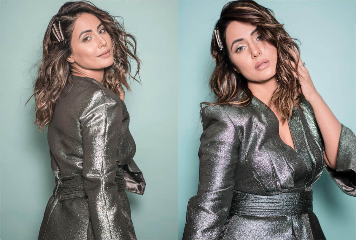 hina khan latest pic in shimmery metallic grey outfit