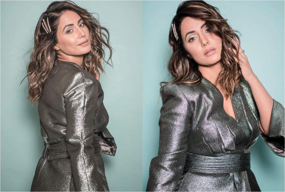 hina khan latest pic in shimmery metallic grey outfit