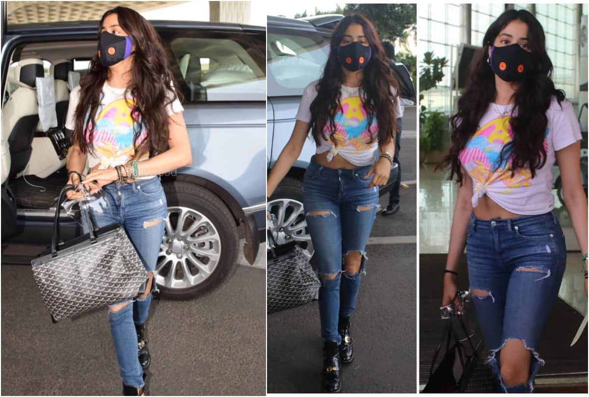 janhvi kapoor cool look turns in stylish at airport in white shirt with ripped jeans