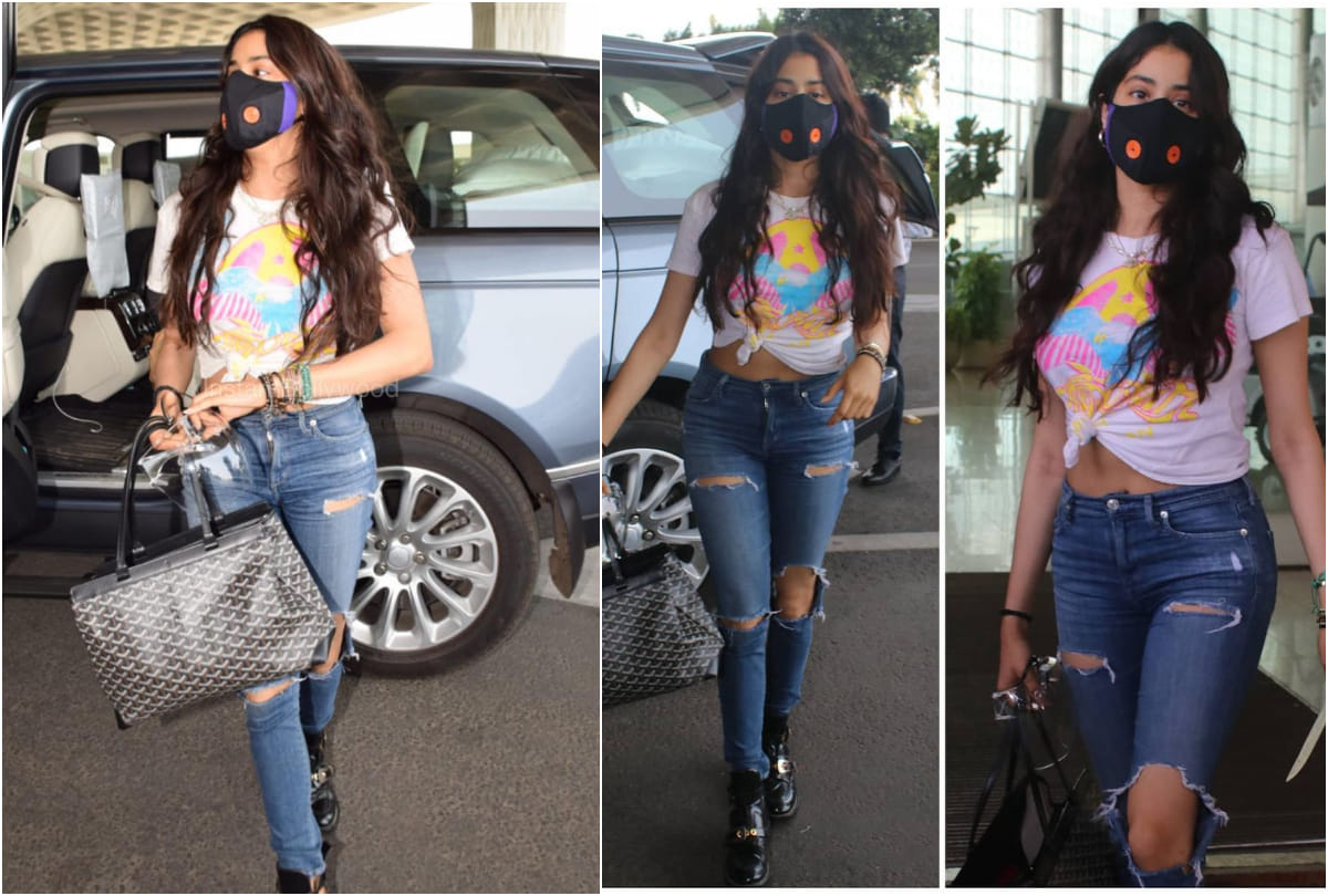 janhvi kapoor cool look turns in stylish at airport in white shirt with ripped jeans