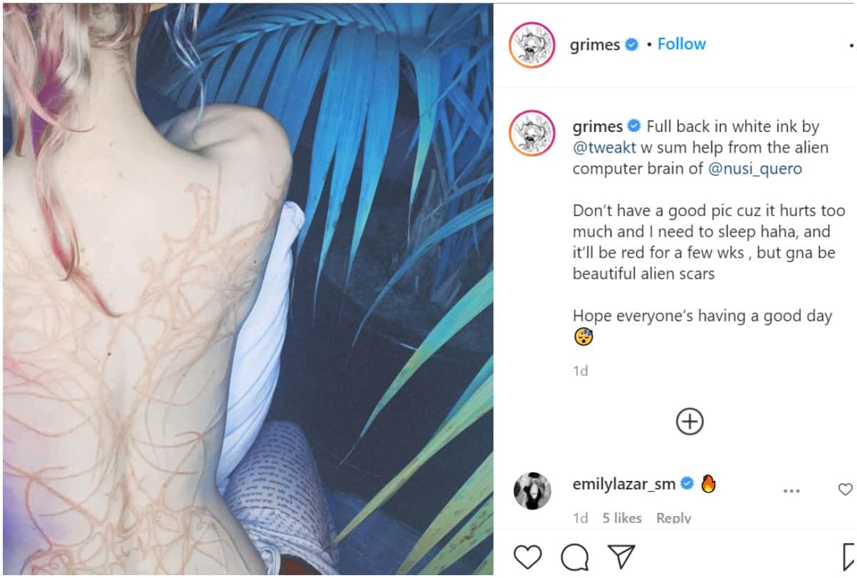 Elon Musk Girlfriend Grimes Shares Topless Photo Flaunts New Alien Scar Tattoo