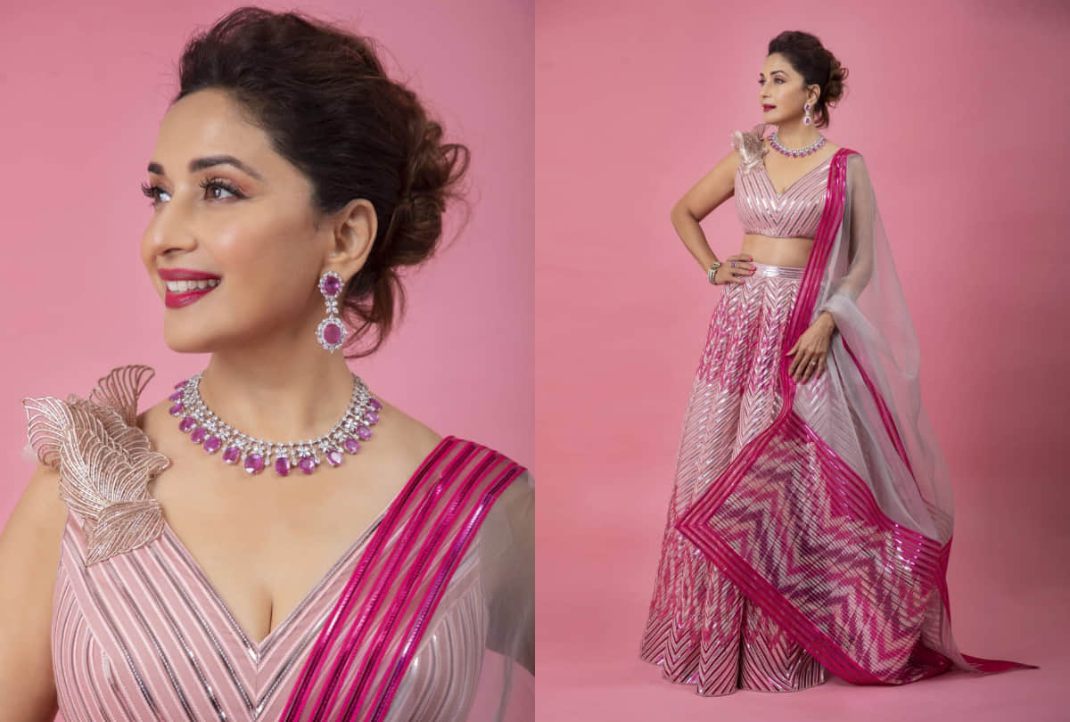 madhuri dixit pink metallic thread lehenga from amit agarwal looking like fairytale story
