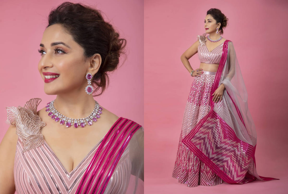 madhuri dixit pink metallic thread lehenga from amit agarwal looking like fairytale story