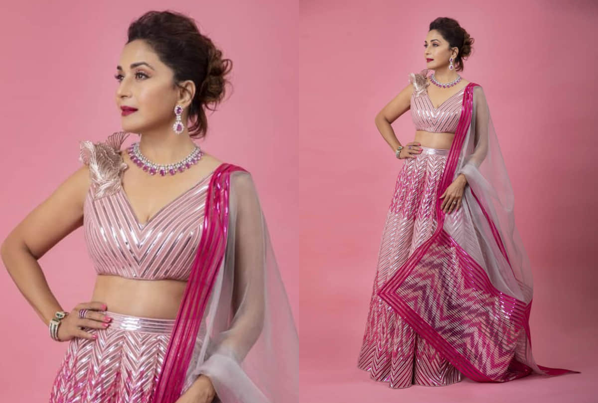 madhuri dixit in red pre draped saree for dance reality show looking graceful