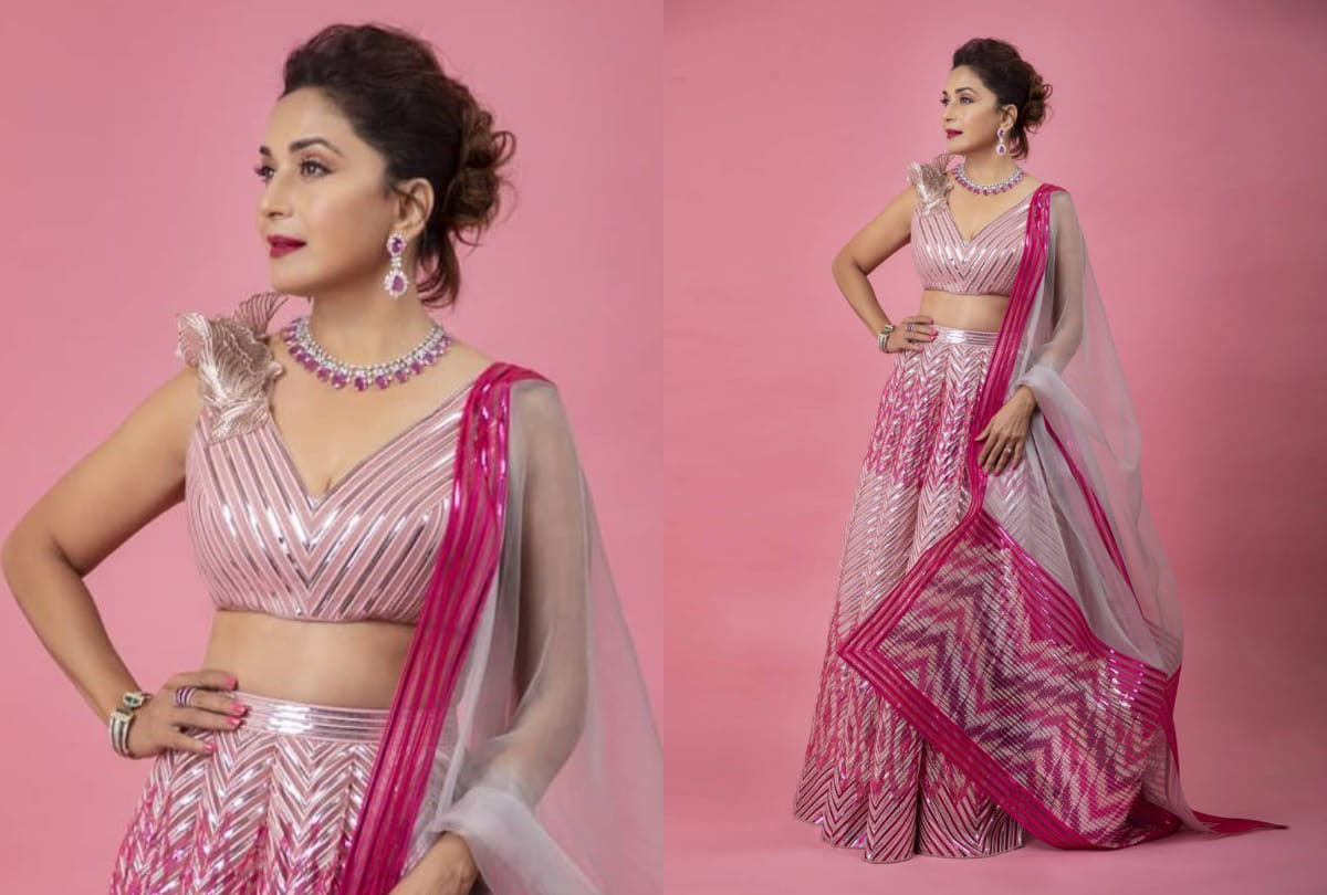 madhuri dixit pink metallic thread lehenga from amit agarwal looking like fairytale story
