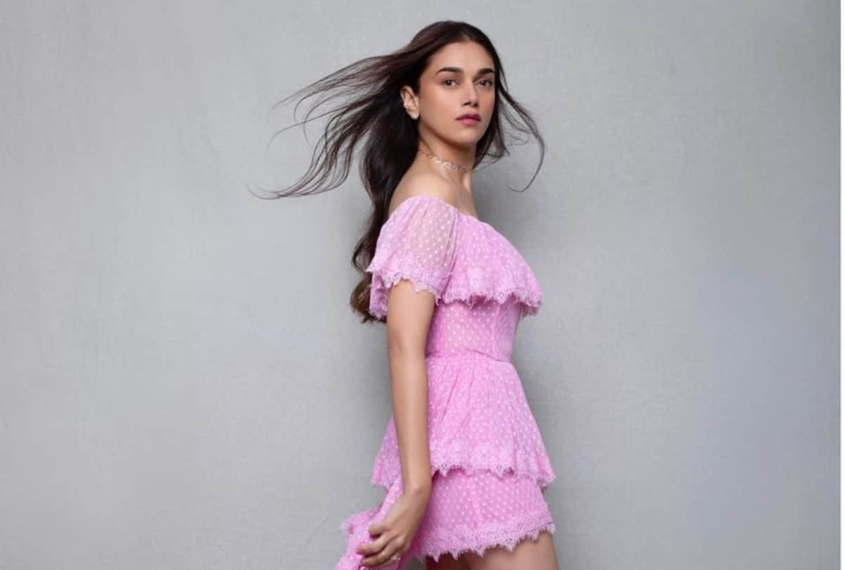 aditi rao hydari rose pink off shoulder short dress with train impress fashionistas