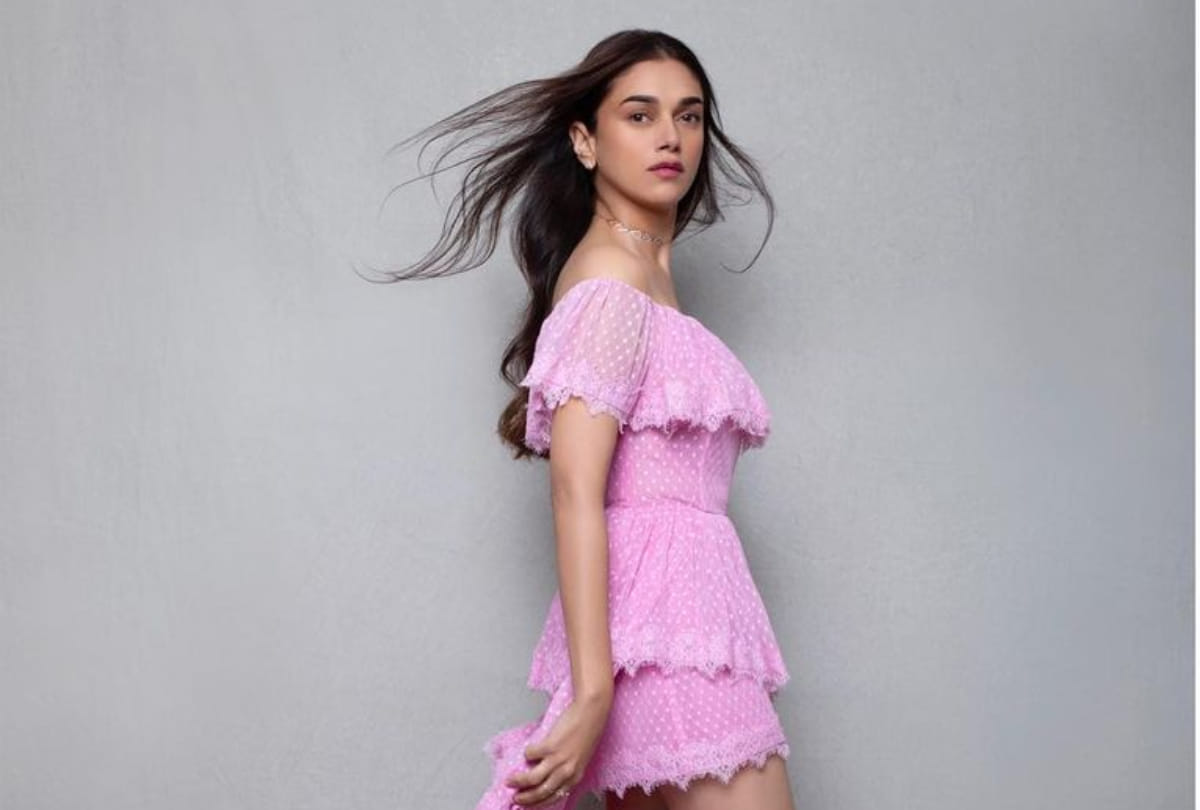 aditi rao hydari rose pink off shoulder short dress with train impress fashionistas