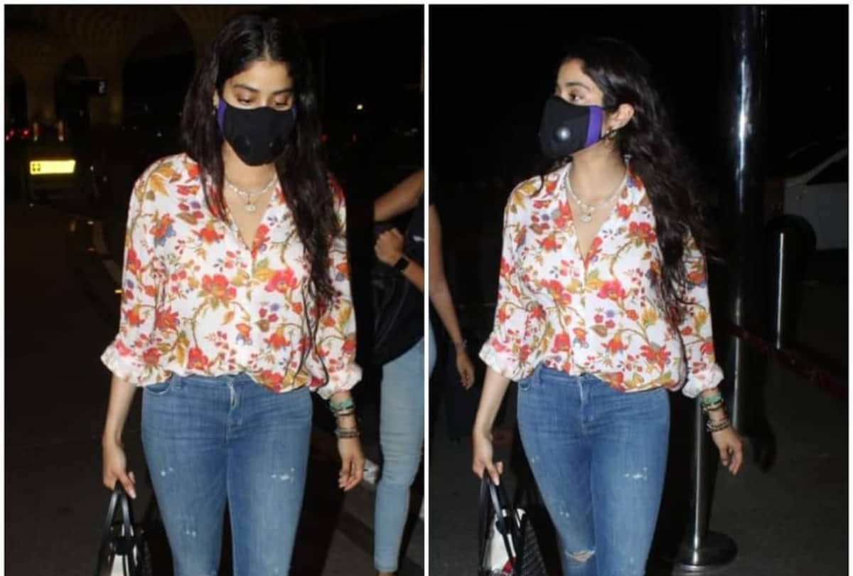 janhvi kapoor wear floral print shirt with ripped jeans in recent airport outing look simply stylish