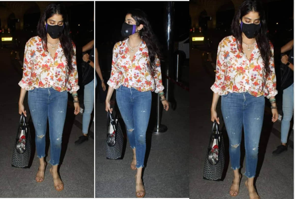 janhvi kapoor wear floral print shirt with ripped jeans in recent airport outing look simply stylish