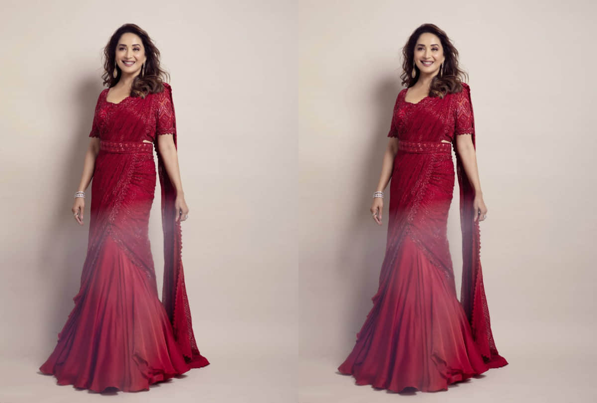 madhuri dixit classic elegant look in red peplum gown iifa 2019