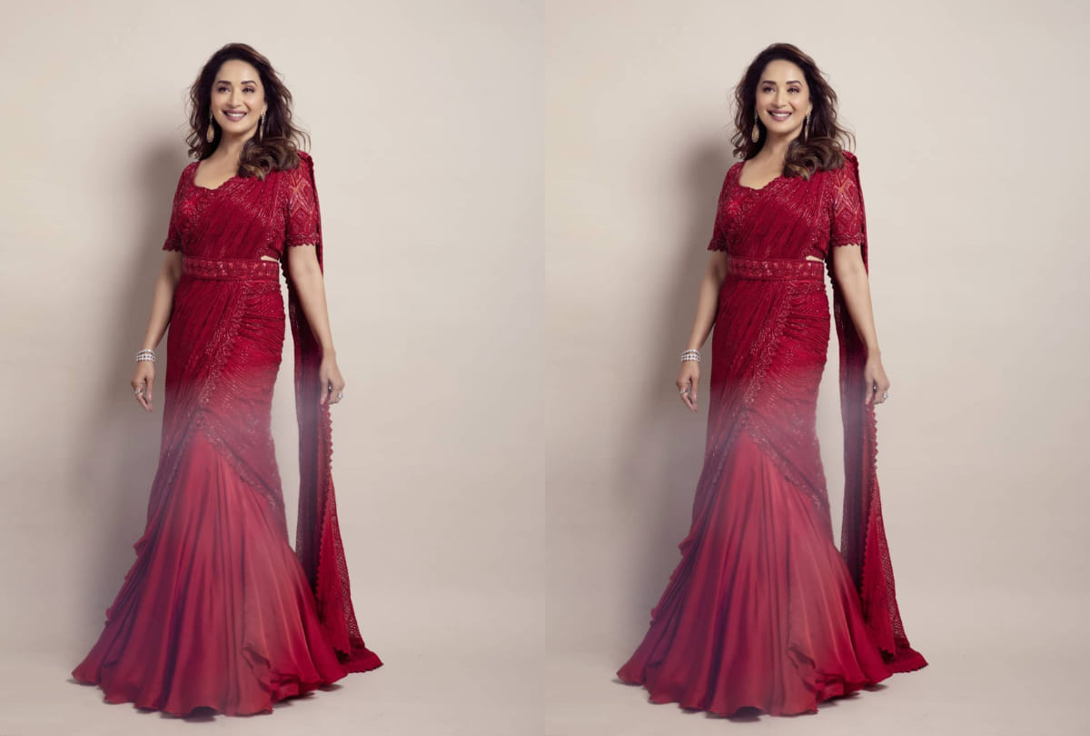 madhuri dixit classic elegant look in red peplum gown iifa 2019